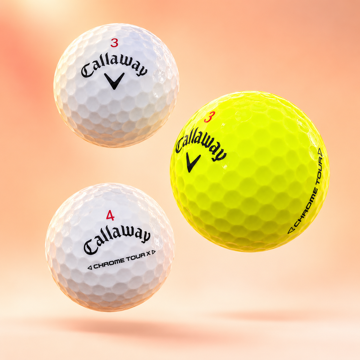 Three Callaway Chrome Tour golf balls, two white and one yellow, floating against a peach background
