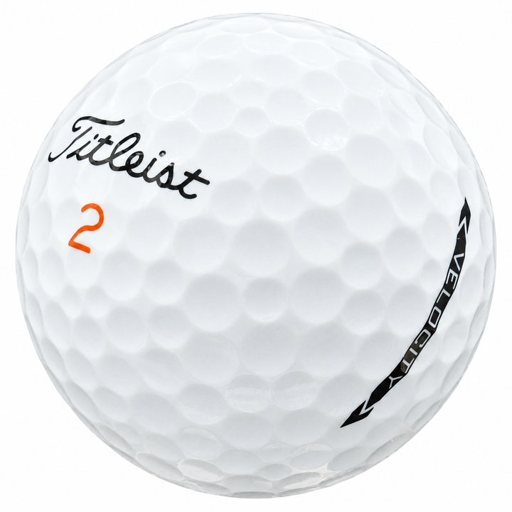 Titleist Velocity golf ball in white, showing the logo and number