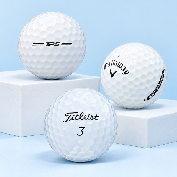 Best-selling golf balls, TaylorMade TP5, Callaway Supersoft and Titleist Pro V1, on white risers against ice blue