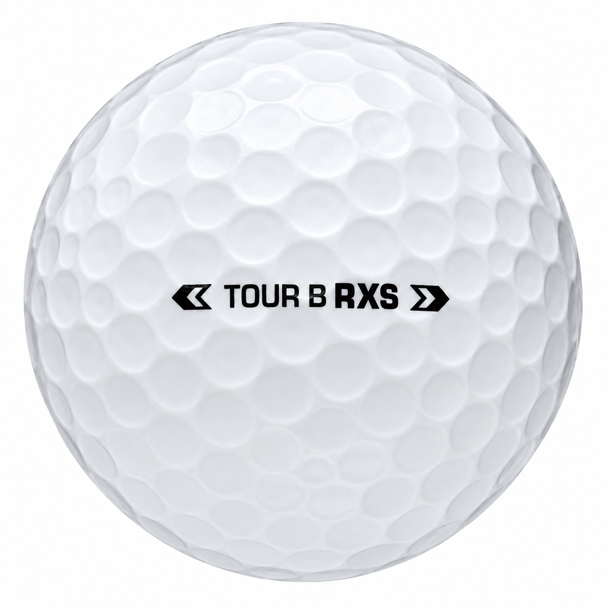 Bridgestone Tour B RXS golf ball in white, showing the side stamp and alignment line