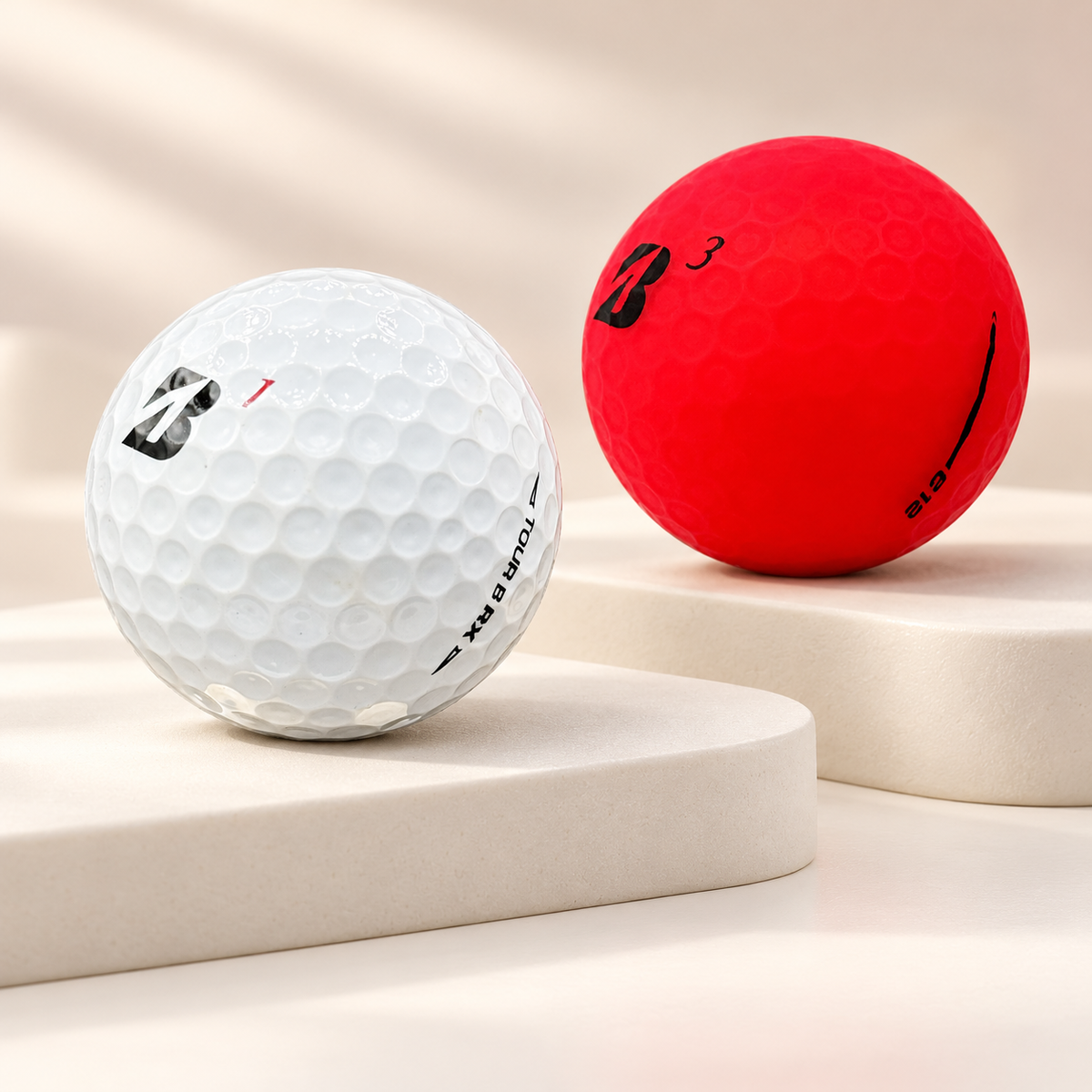 White and red Bridgestone golf balls on ivory terraces