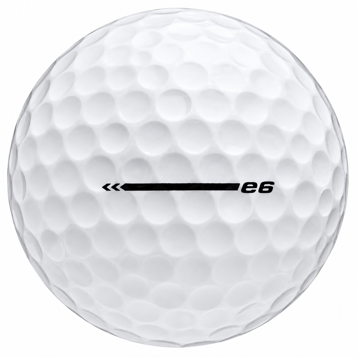 Bridgestone e6 golf ball in white, showing the side stamp and alignment line