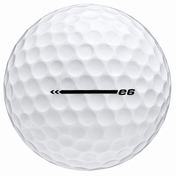 Bridgestone e6 golf ball in white, showing the side stamp and alignment line