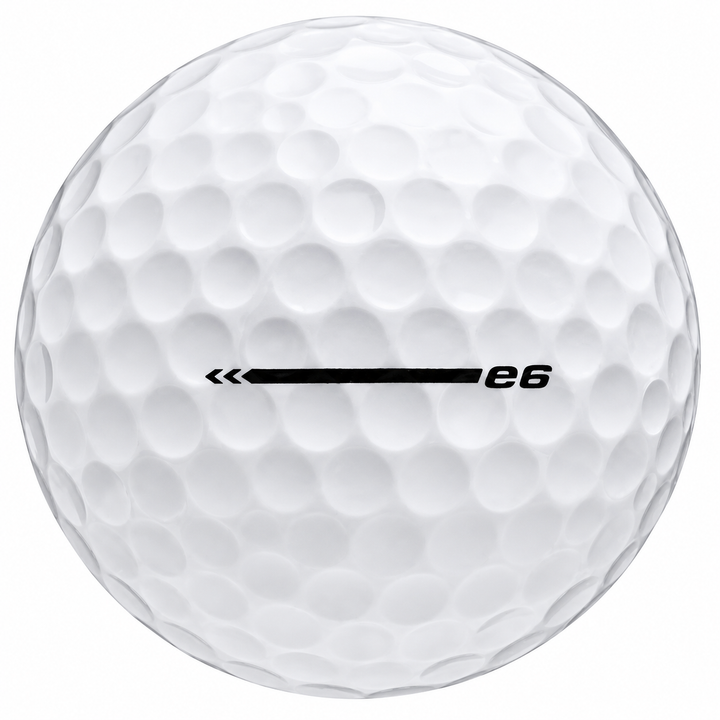 Bridgestone e6 golf ball in white, showing the side stamp and alignment line