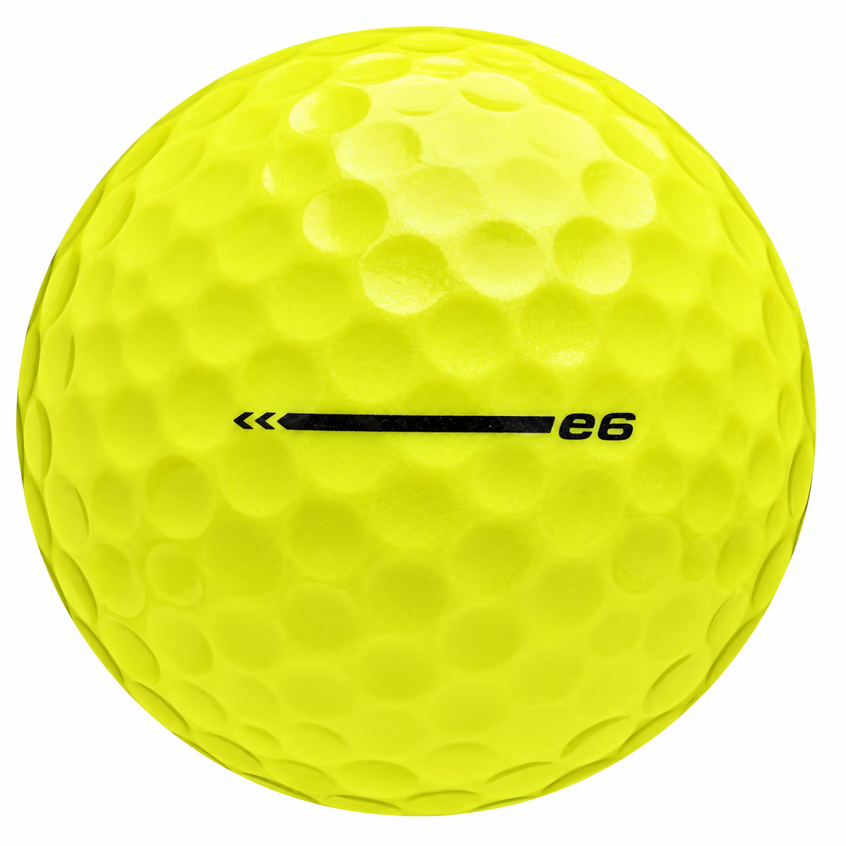Bridgestone e6 golf ball in yellow, showing the side stamp and alignment line