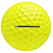 Bridgestone e6 golf ball in yellow, showing the side stamp and alignment line