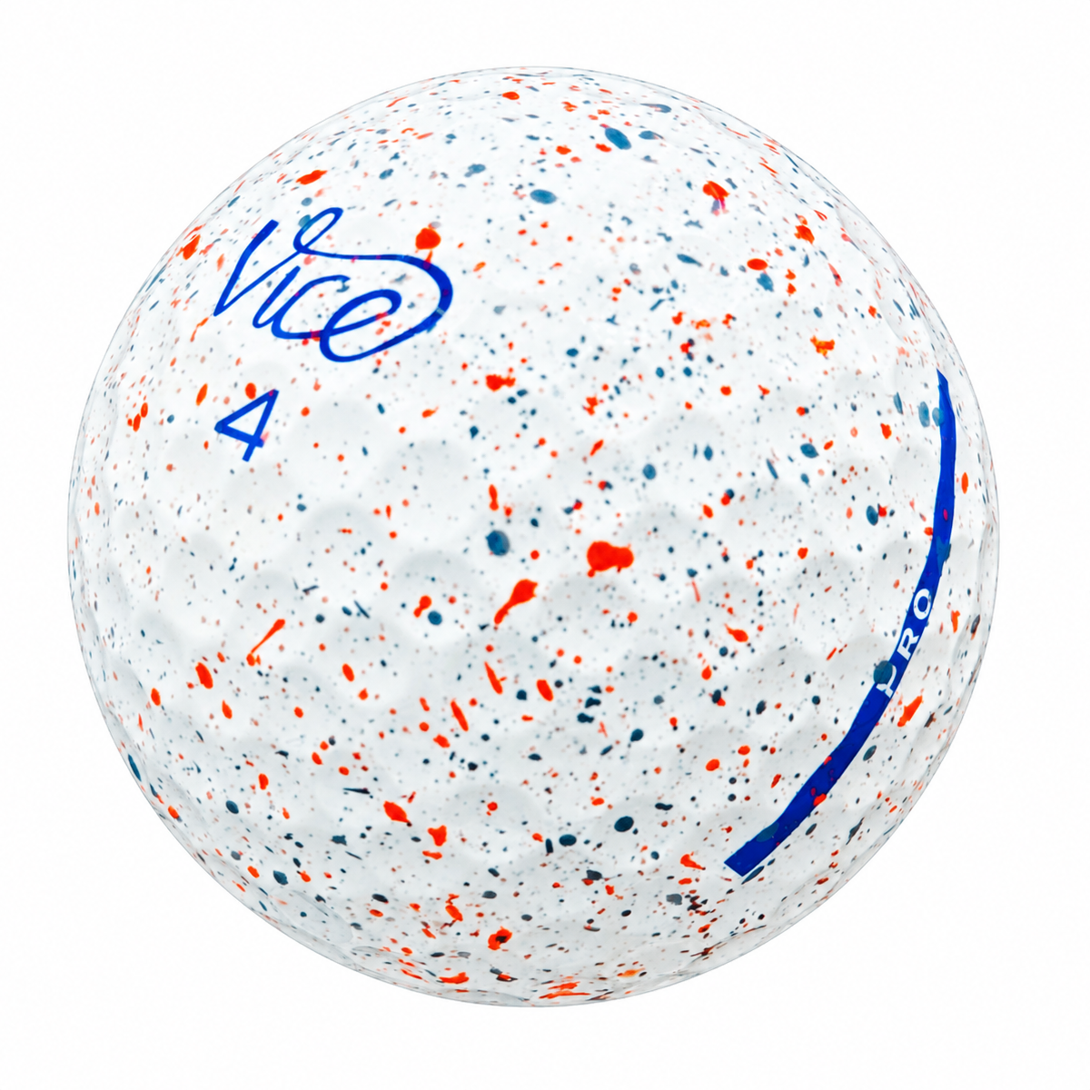 Vice Pro Drip golf ball in white with orange and blue paint splatter