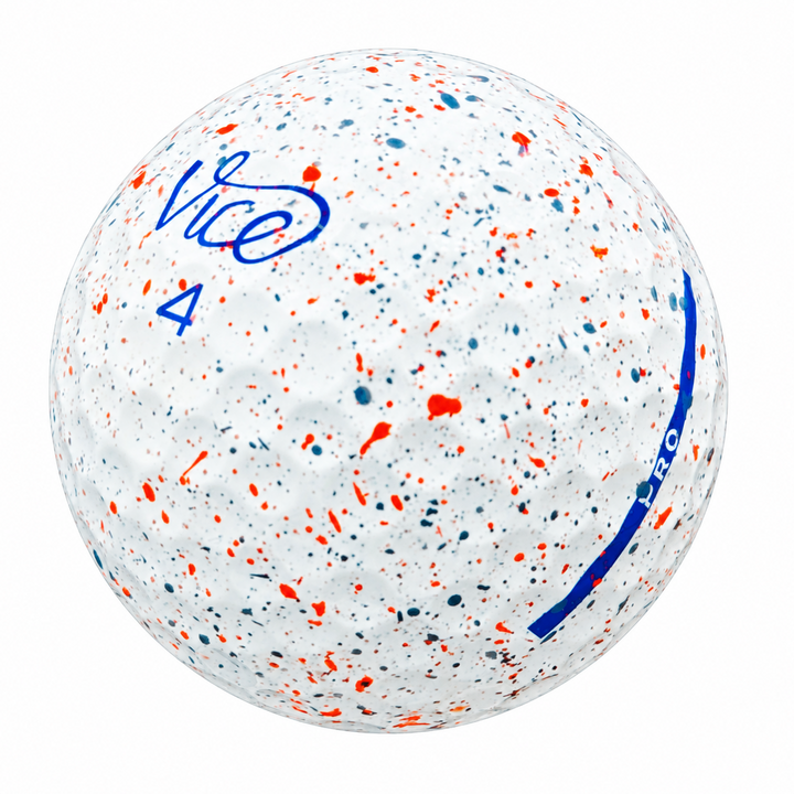 Vice Pro Drip golf ball in white with orange and blue paint splatter