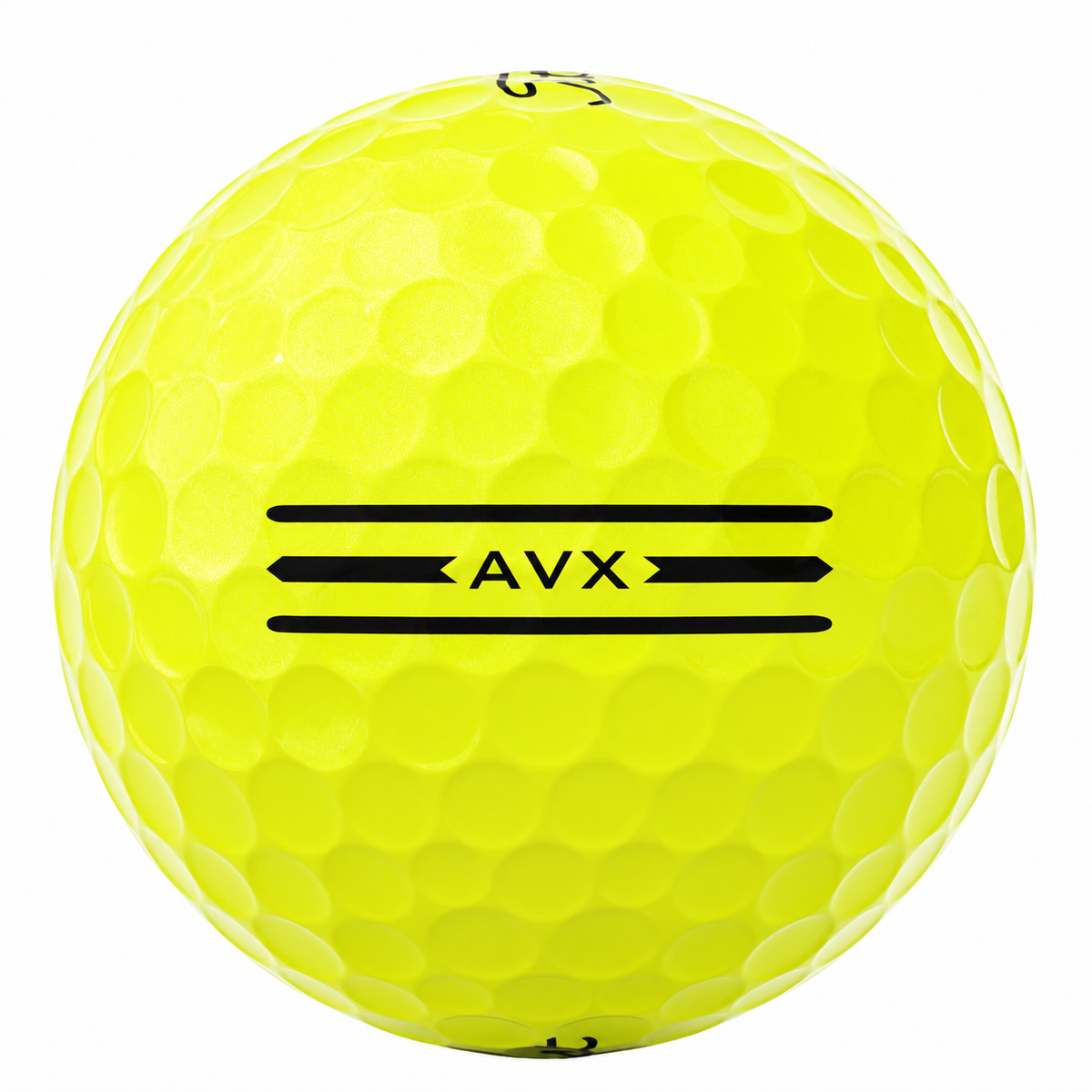Titleist AVX golf ball in yellow, showing the triple-line AVX alignment stamp