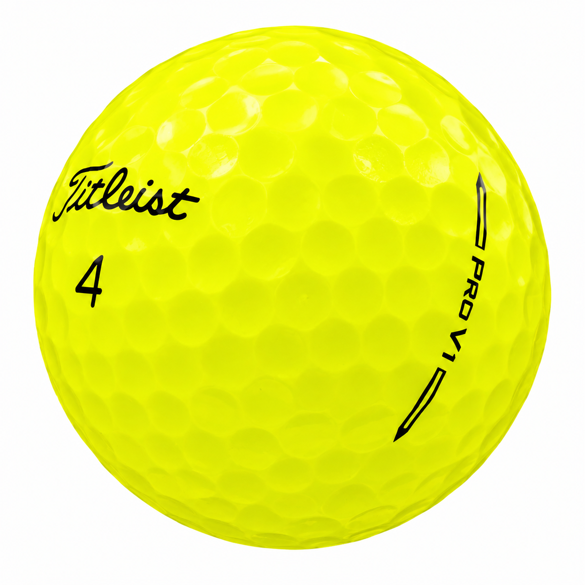 Titleist Pro V1 golf ball in yellow, showing the logo and number