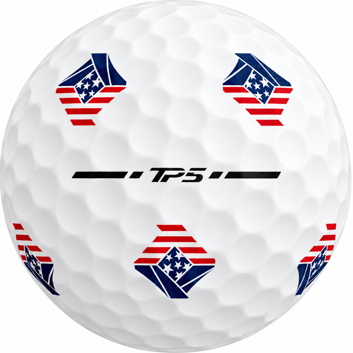 TaylorMade TP5 Pix golf ball with red, white and blue USA flag Pix graphics, showing the TP5 alignment stamp