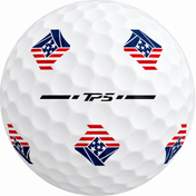 TaylorMade TP5 Pix golf ball with red, white and blue USA flag Pix graphics, showing the TP5 alignment stamp