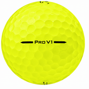 Titleist Pro V1 golf ball in yellow, showing the side stamp and alignment line