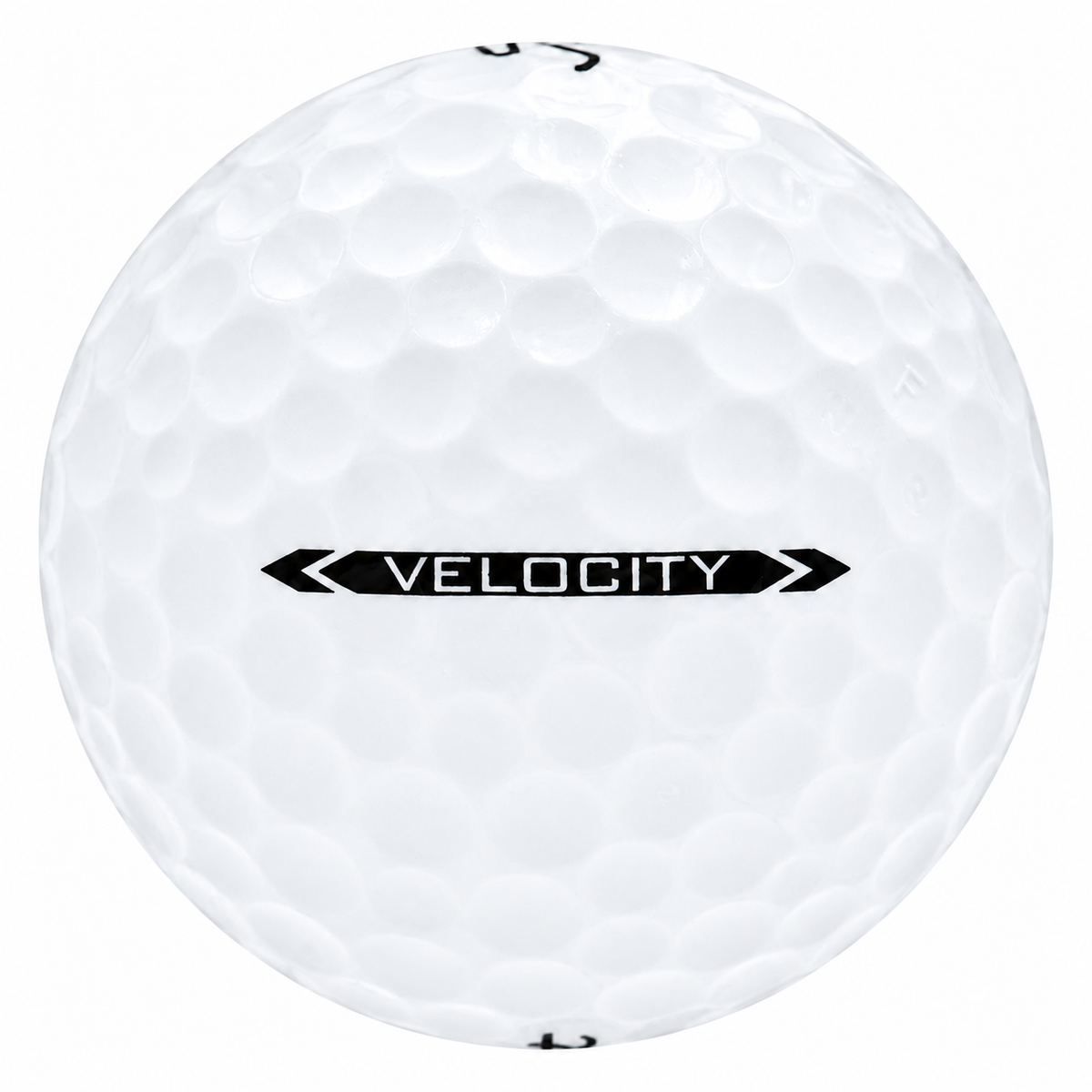 Titleist Velocity golf ball in white, showing the side stamp and alignment line