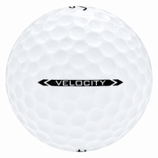Titleist Velocity golf ball in white, showing the side stamp and alignment line