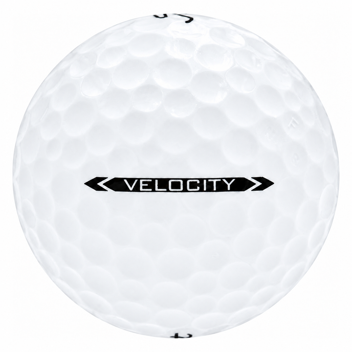 Titleist Velocity golf ball in white, showing the side stamp and alignment line