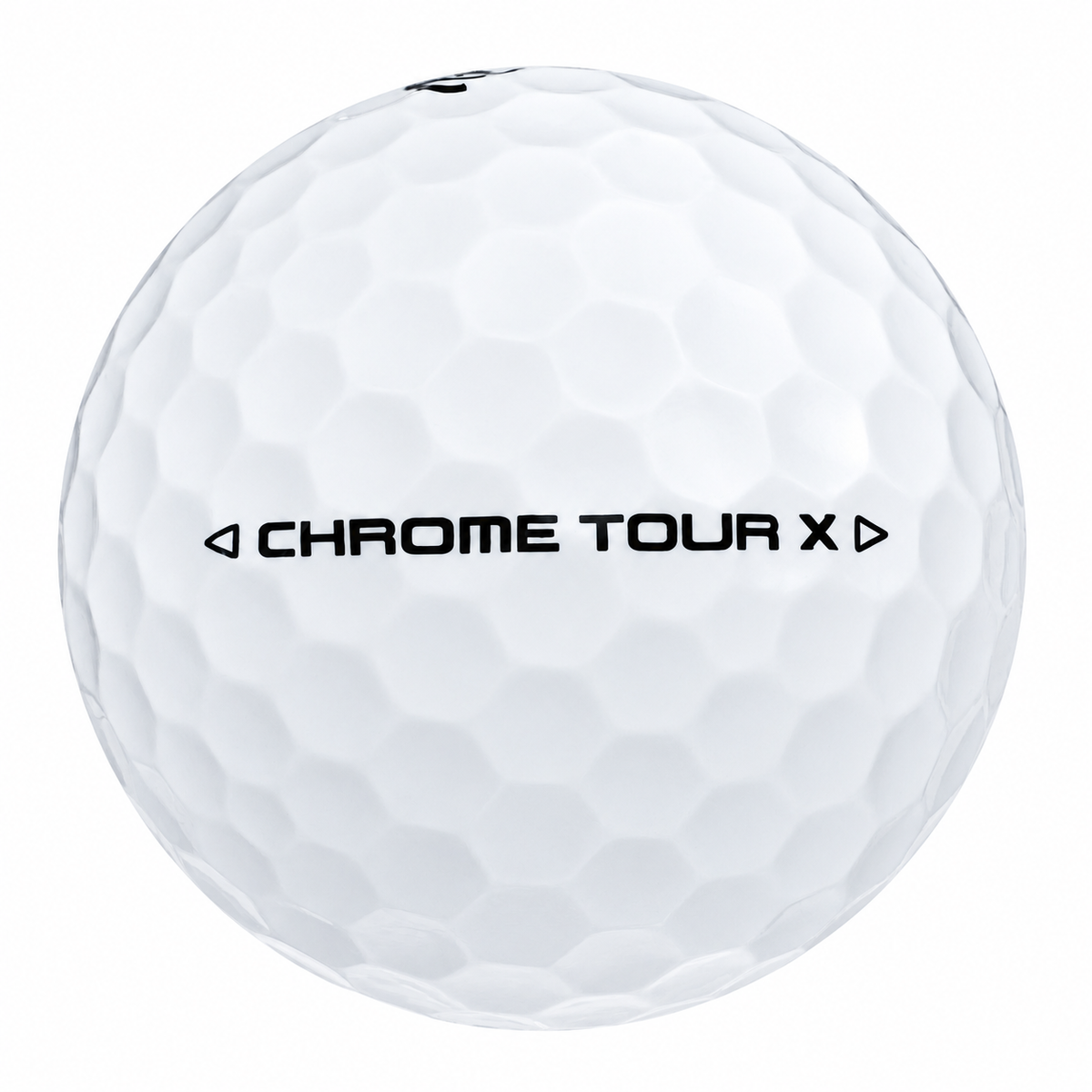 Callaway Chrome Tour X golf ball in white, showing the side stamp and alignment line