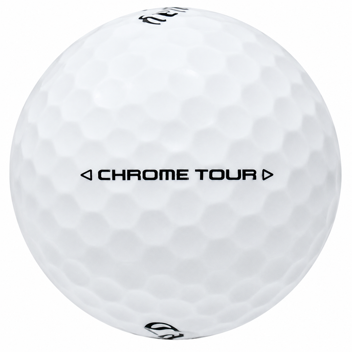 Callaway Chrome Tour golf ball in white, showing the side stamp and alignment line
