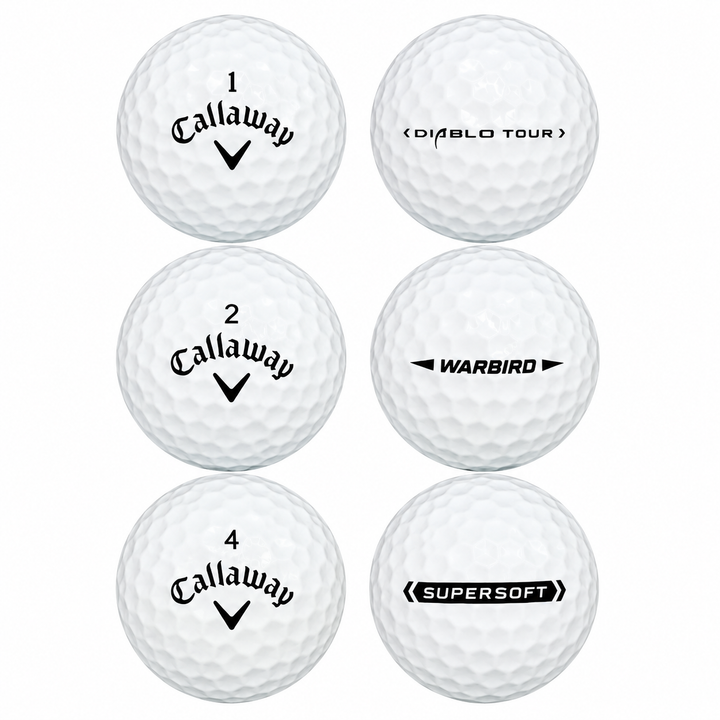 Six assorted white Callaway golf balls, including Warbird and Supersoft, in a two-by-three grid