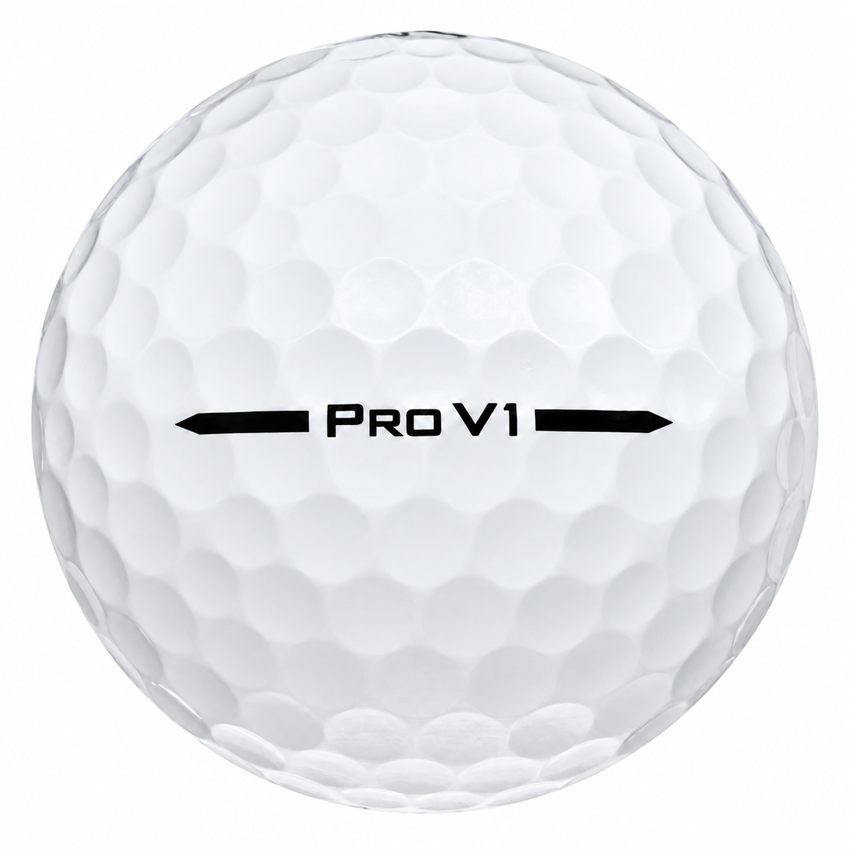 Titleist Pro V1 golf ball in white, showing the side stamp and alignment line