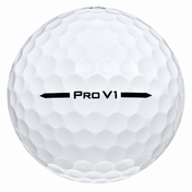 Titleist Pro V1 golf ball in white, showing the side stamp and alignment line