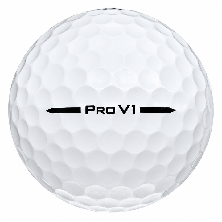 Titleist Pro V1 golf ball in white, showing the side stamp and alignment line