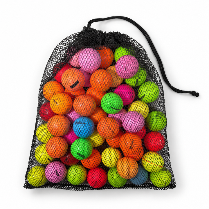 Black mesh drawstring bag filled with assorted color value-brand golf balls