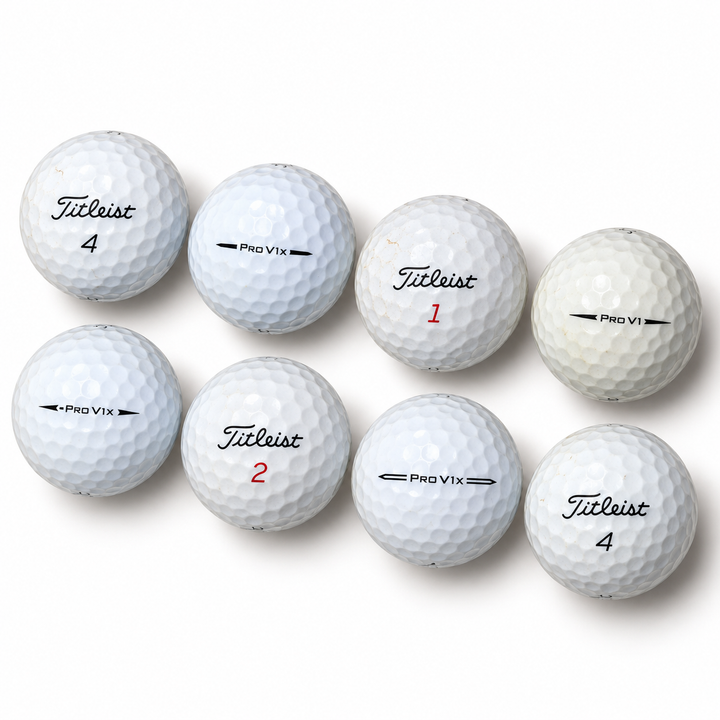 Eight white Titleist Pro V1 and Pro V1x golf balls in diagonal rows
