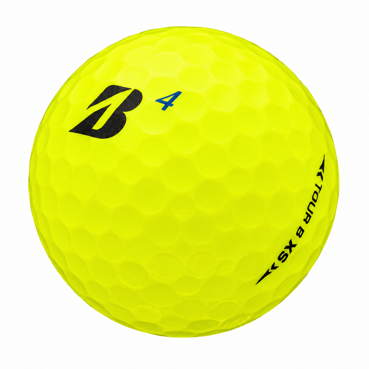 Bridgestone Tour B XS golf ball in yellow, showing the logo and number