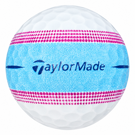 TaylorMade Tour Response Stripe golf ball with a light blue and pink stripe