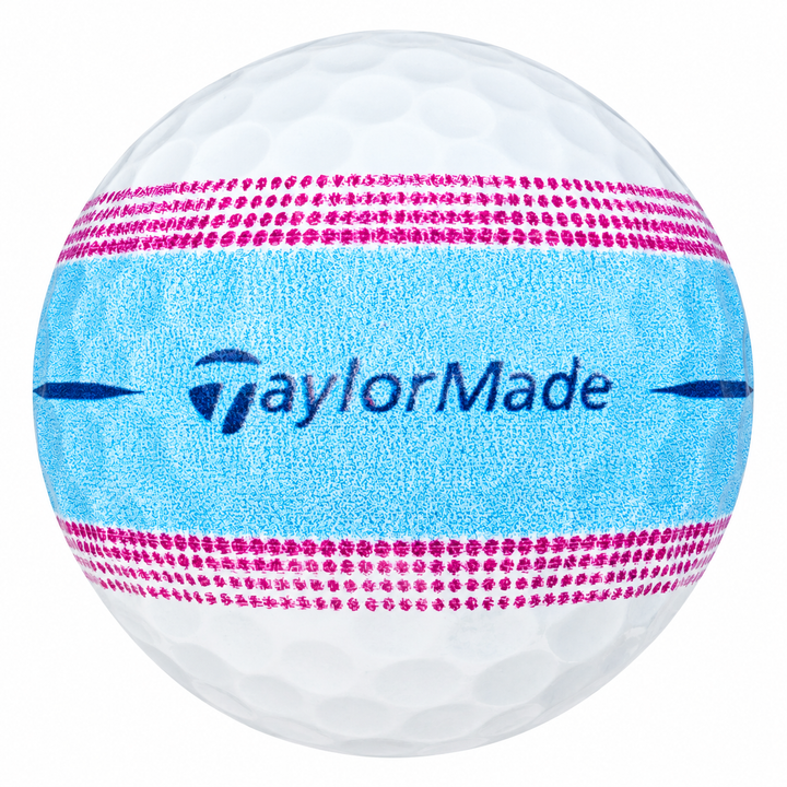 TaylorMade Tour Response Stripe golf ball with a light blue and pink stripe
