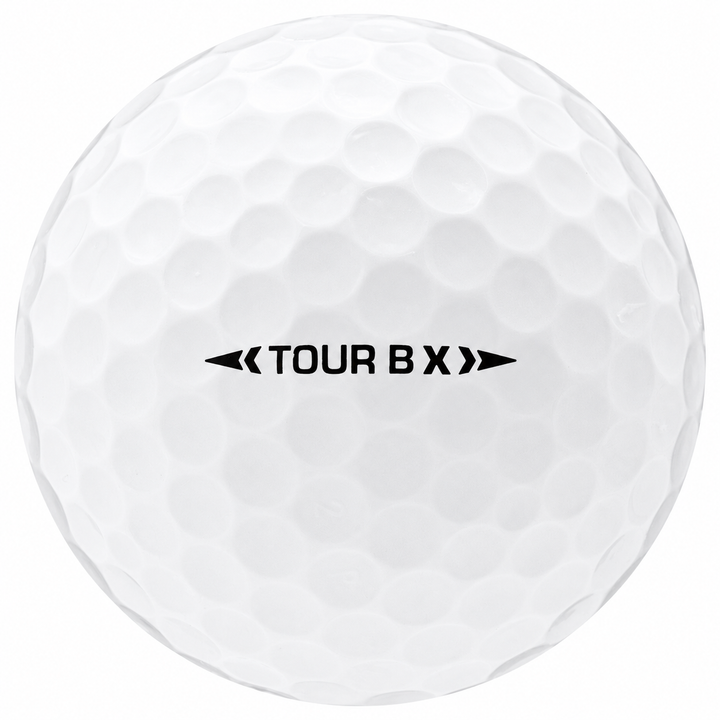 Bridgestone Tour B X golf ball in white, showing the side stamp and alignment line