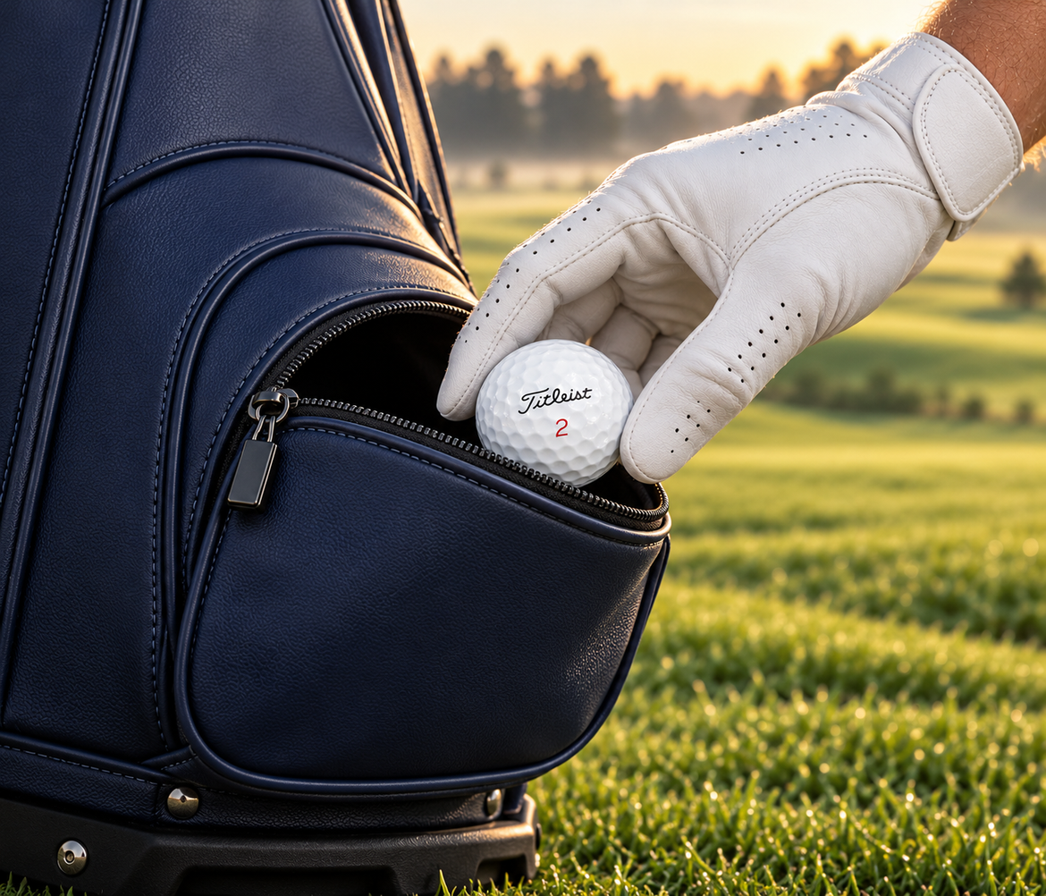 Gloved hand taking a Titleist golf ball from a navy golf bag pocket on the course at sunrise