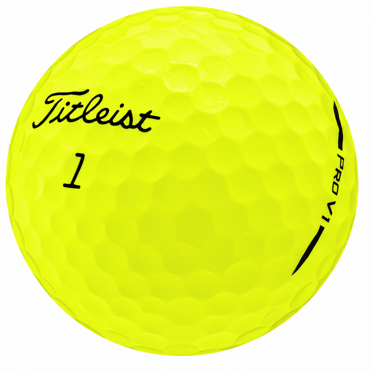 Titleist Pro V1 golf ball in yellow, showing the logo and number