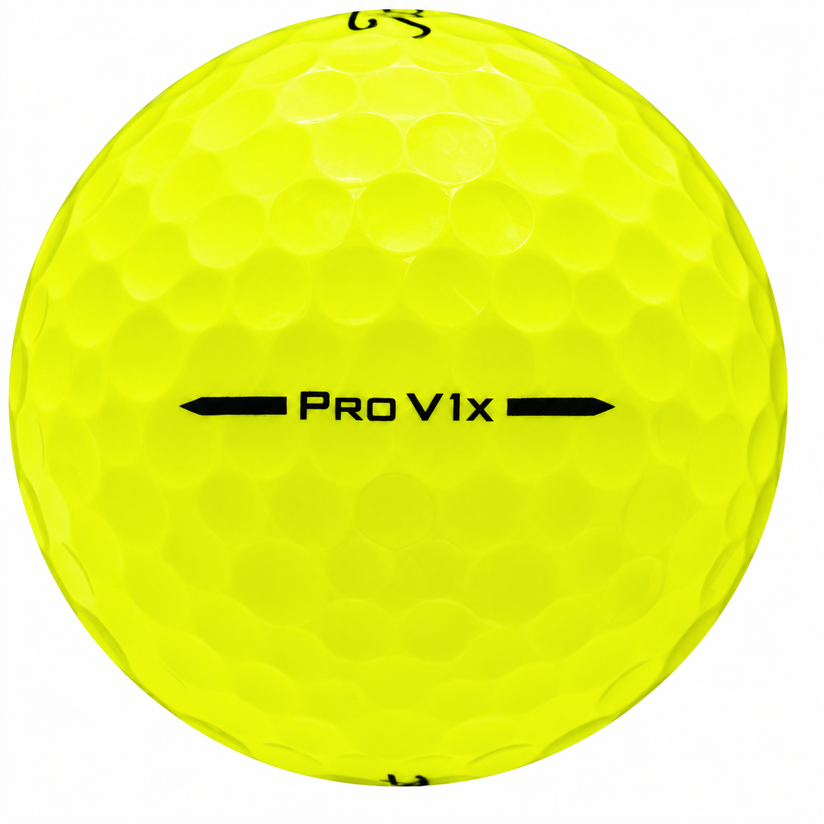 Titleist Pro V1x golf ball in yellow, showing the side stamp and alignment line