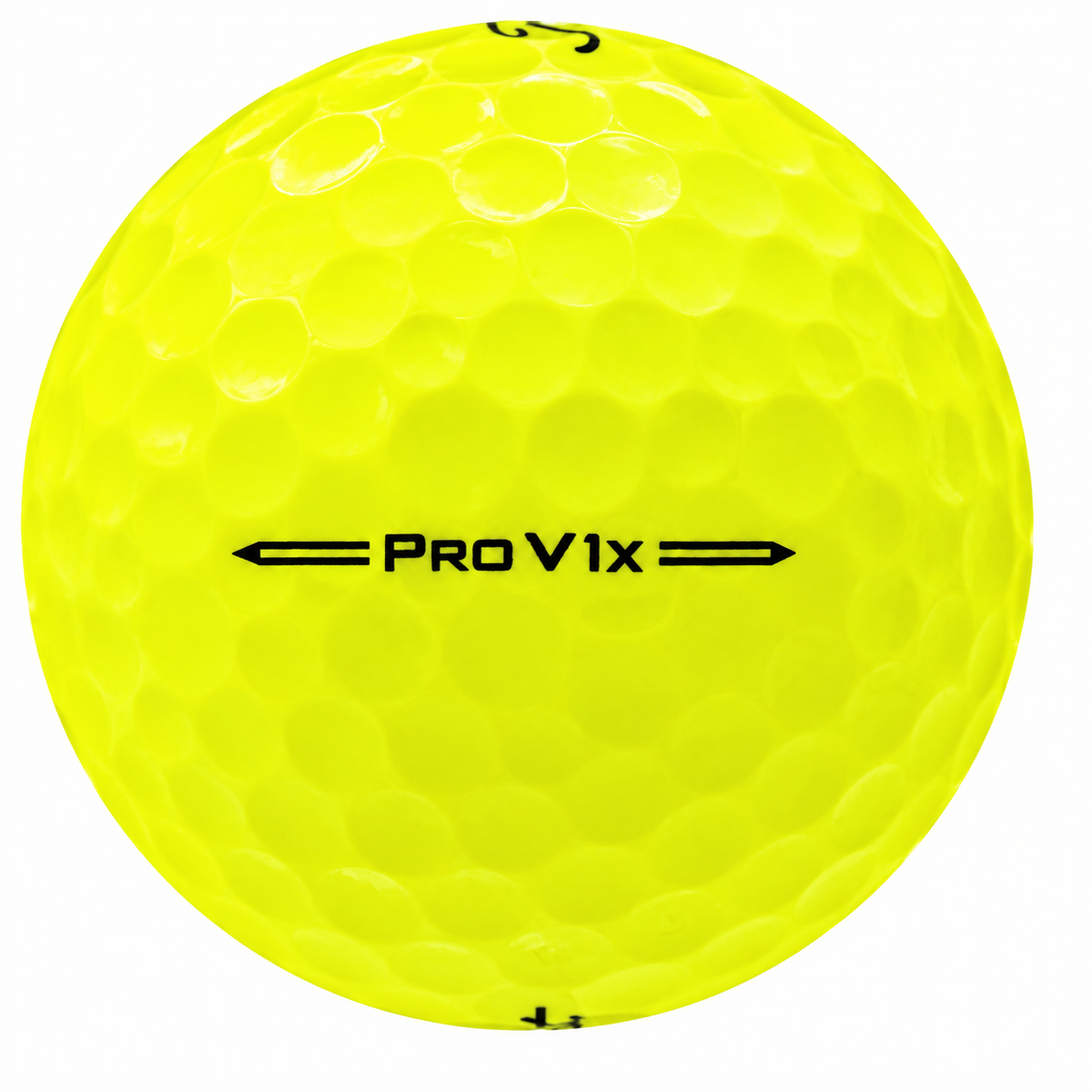 Titleist Pro V1x golf ball in yellow, showing the side stamp and alignment line