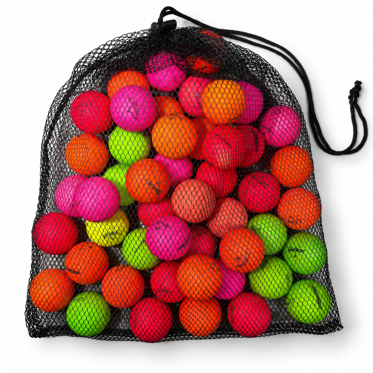 Black mesh drawstring bag filled with assorted matte color golf balls from premium brands