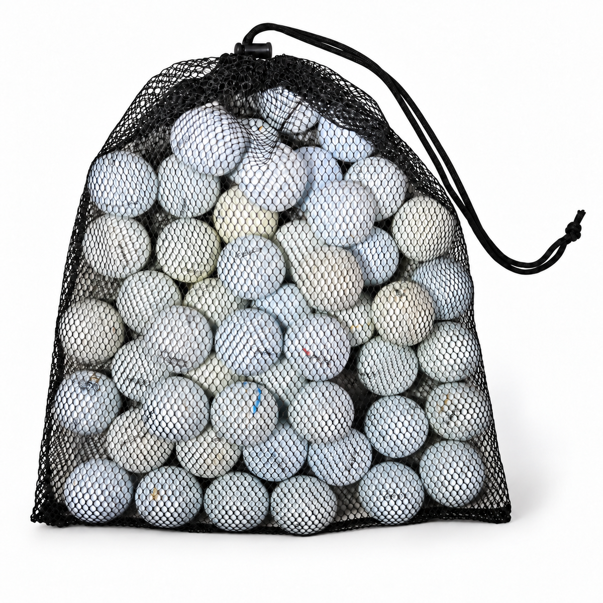 Black mesh drawstring bag filled with white Titleist Pro V1 and Pro V1x golf balls