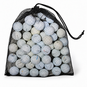 Black mesh drawstring bag filled with white Titleist Pro V1 and Pro V1x golf balls
