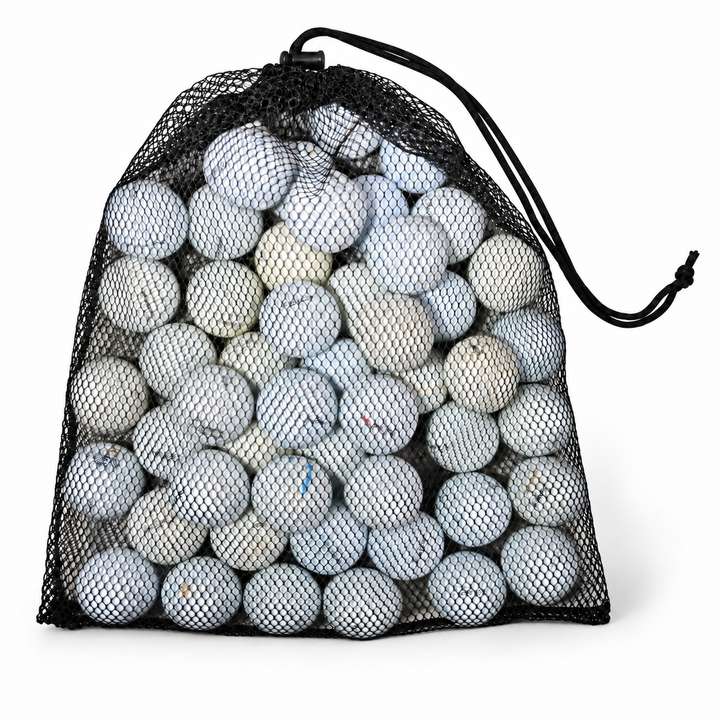 Black mesh drawstring bag filled with white Titleist Pro V1 and Pro V1x golf balls