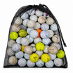 Black mesh drawstring bag filled with assorted used practice golf balls in white, yellow and color