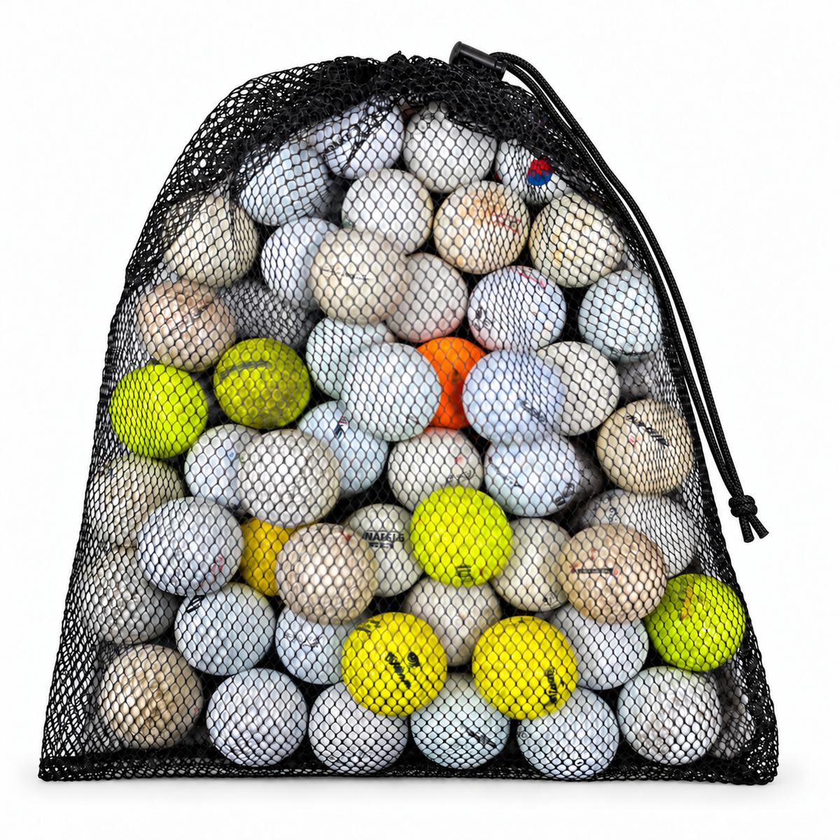 Black mesh drawstring bag filled with assorted used practice golf balls in white, yellow and color