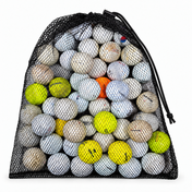 Black mesh drawstring bag filled with assorted used practice golf balls in white, yellow and color