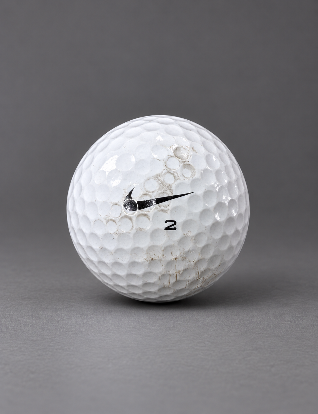 Used Nike golf ball with visible scuffs and wear on a graphite surface