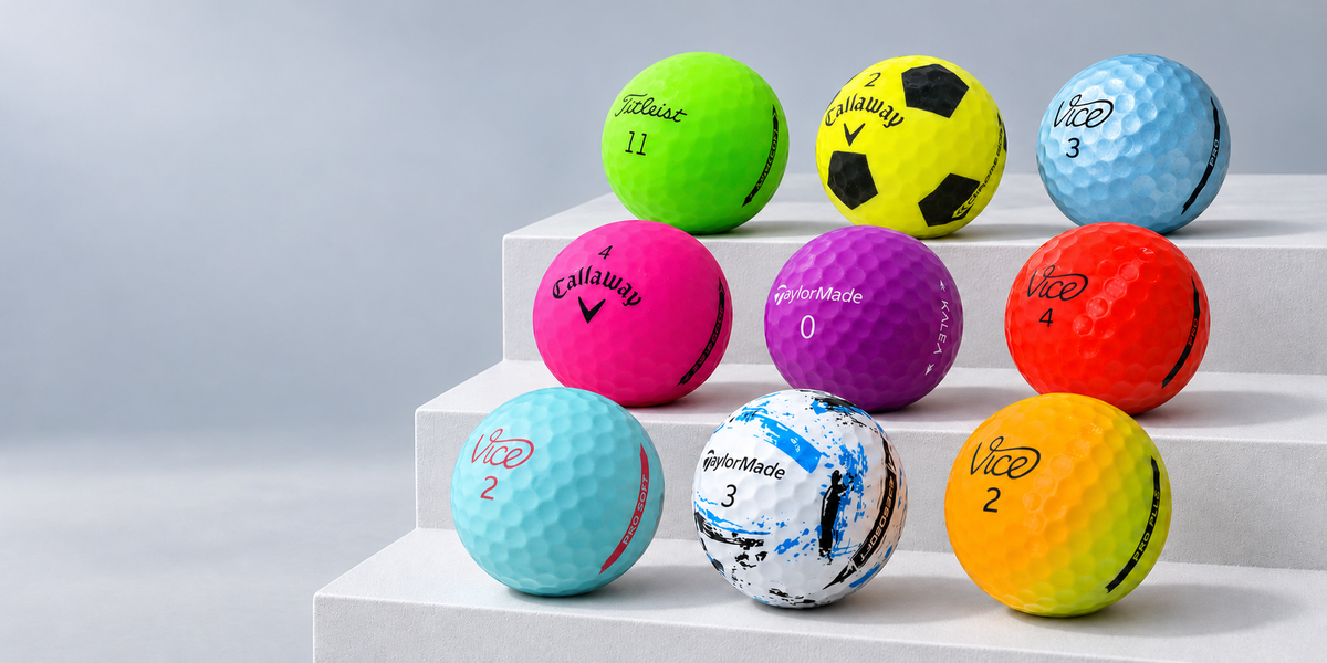 Nine matte, neon and graphic golf balls from Titleist, Callaway, Vice and TaylorMade on white steps