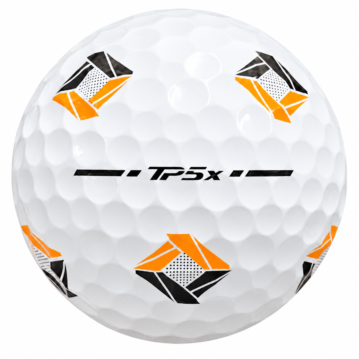 TaylorMade TP5x Pix golf ball with black and orange Pix graphics, showing the TP5x alignment stamp