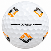 TaylorMade TP5x Pix golf ball with black and orange Pix graphics, showing the TP5x alignment stamp