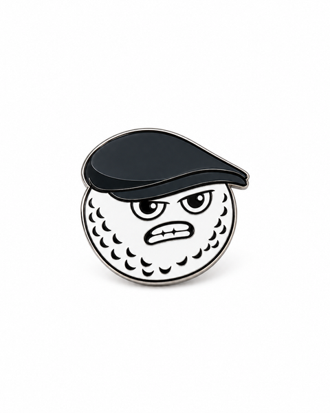 Peaky ball marker with the MGB mascot, a scowling golf ball in a flat cap