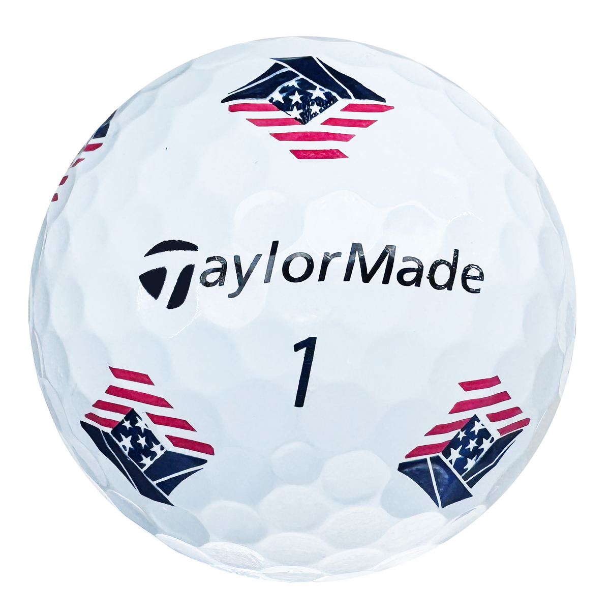 TaylorMade Pix golf ball with red, white and blue USA flag Pix graphics, showing the logo and number