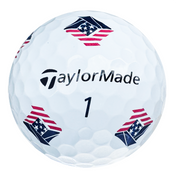 TaylorMade Pix golf ball with red, white and blue USA flag Pix graphics, showing the logo and number